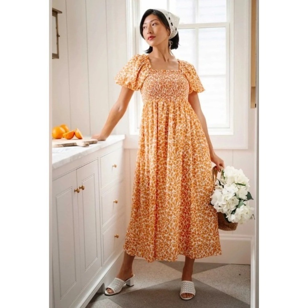 Ivy City Co Serendipity Dress‎ Size 4X Floral Smocked Puff Sleeve Orange Cottage